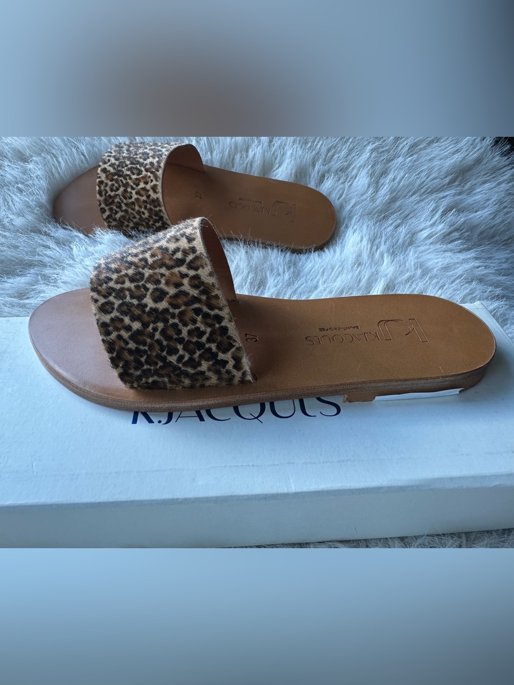 K.Jacques Arezzo Fur Leopard-Print Slide Sandals - Tan & Brown eu 37 us 7 New